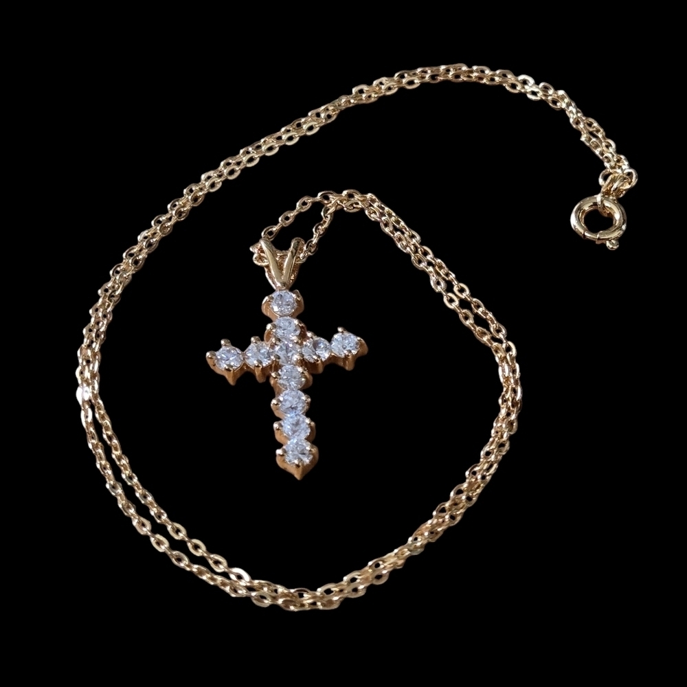 JGA Rhinestone Cross on 18" Goldtone Chain Sparkly Dainty Feminine EUC